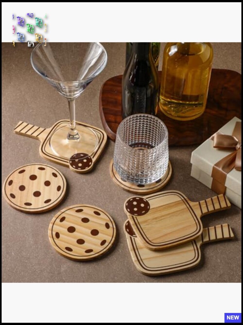 6 Pack Wooden Drink Coasters Set Paddle Ball Shape Funny Gift for Sports Lovers - Picture 5 of 7